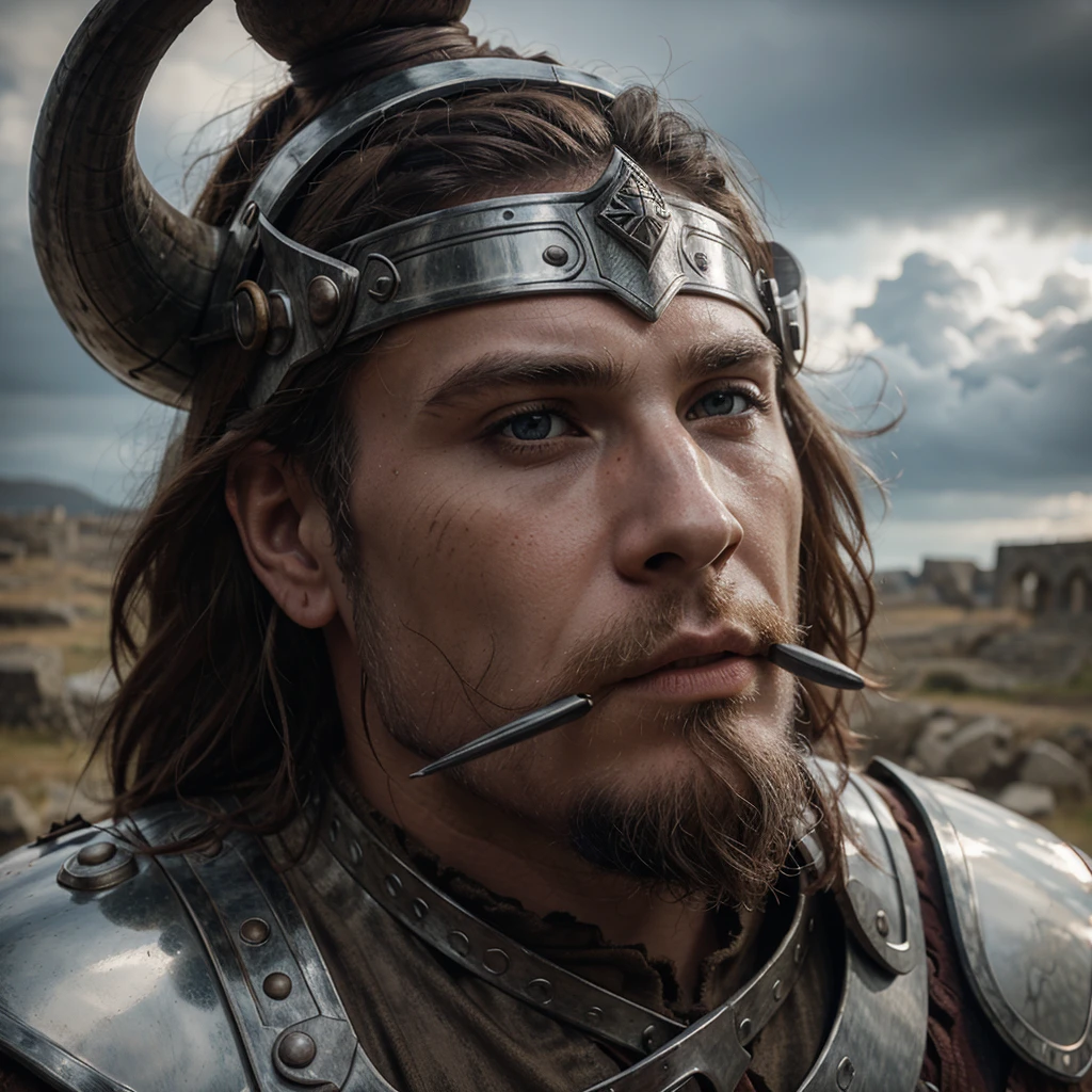 a viking blowing a horn,viking,horn,detailed face,detailed eyes,detailed nose,detailed lips,muscular man,helmet,medieval armor,ancient ruins,cloudy sky,dramatic lighting,fantasy,epic,cinematic