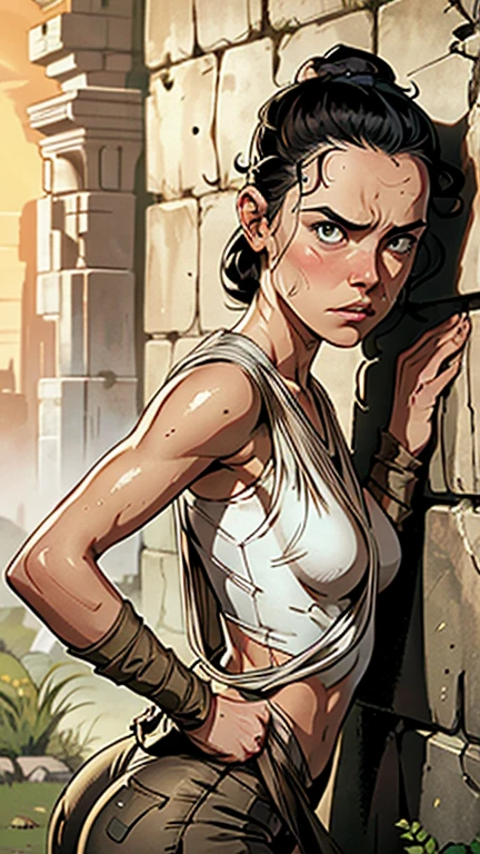 Daisy Ridley face, masterpiece 1.3, Ultrarealistic face, slim athletic physique, small flat breasts, round ass, sweaty body glistening skin, dirt covered around her body, shameful expression tears in her eyes, peed in her pants; "In a quiet corner of the Millennium Falcon, Rey huddles with her back against the wall, her eyes staring blankly ahead. The despair of her latest defeat is evident in her hollow expression."