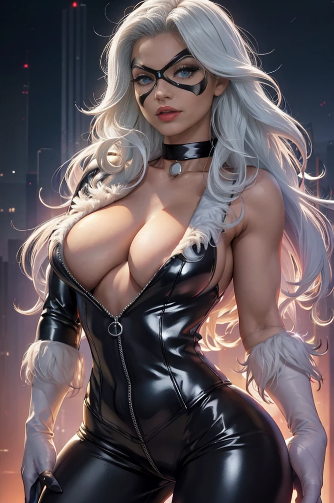 straight,Upper part of the body,looking at a spectator, BREAK, cartoonish_felicia_long haired black cat,white hair,lipstick,Blue eyes,make up,lips,big breasts,clavicle,red-lips,claws,extra long hair, face mask,mono,domino face mask,gloves,choker,white gloves,neck,superhero,black jumpsuit,leather trim,neckline,tight skin,zipper,spiked neck,unzipped,jewelry,choker negra,latex,shimmering,Apertura central, BREAK, Official Arts,Extremely detailed CG unity 8k wallpaper, lightning perfecta,showy, bright_forehead_face_lightning,shiny skin, (Masterpiece:1.0),(better_quality:1.0), extra high resolution,4k,ultra detailed, photografic, 8k, HDR, high resolution, (absurd:1.2), 400 for Kodak port, film grain, blurred background, (bokeh:1.2), Lens flare, (Vibrant_color:1.2),professional photo of a, (beautiful_face:1.5), protruding breasts, torpedo , hypermuscular body, very muscular girl, Super huge biceps, torn muscles, long white hair