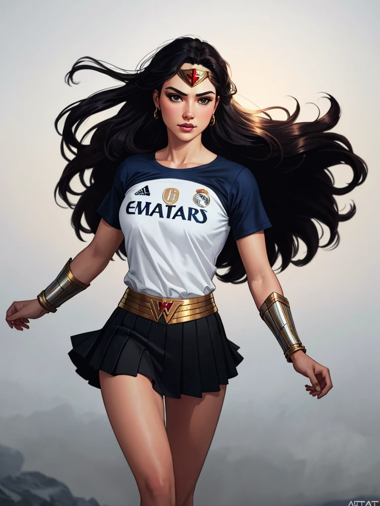 wonder woman, ((wearing a white Real Madrid tshirt)), (pretty face:1.2), (finely detailed face and beautiful eyes), mature female, muscle, bare hands, (armlet, skirt, bracer, head ring ), (black eyes, black long hair, messy hair, floating hair), ((white Real Madrid tshirt)), (long proportional legs), (best quality:1.1),(war background:1.2), dark_fantasy, wind, 35mm lens, f/1.4, 8K, ((masterpiece)), trending on Artstation, DeviantArt, Mucha, Rutkowski, artgerm