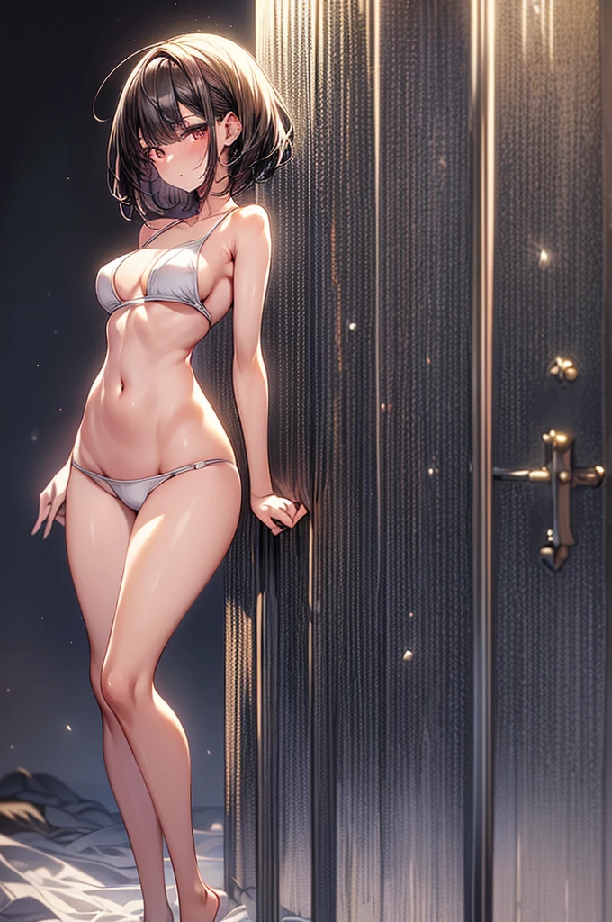 masterpiece, best quality, high-resolution, finely detailed, extremely detailed and beautiful, distinct image, 1 girl, solo, beautiful young age girl, 24 years old, tanned white skin, long loose and flowing silky negligee sleepwear, short shoulder length hair, sleek dark violet-black hair, Pixie cut hair, big round velvet colored eyes, fringe bangs over forehead, oval shaped face, sharp facial features, high-bridged nose, full cherry pink lips. medium height(172cm). D-cup breasts, small narrow waist. small delicate curvy hips, smooth silky thick thighs, large round ass, hourglass figure, slender and slim build with a toned and fit physique, 4 pack toned stomach, standing upright, full body picture, hip-level shot. classy and opulent bedroom setting
