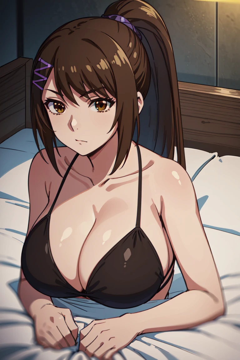 solo , big breasts ,busty , highest quality, masterpiece, High resolution, 1 girl, sae chabashira, (30 year old adult woman:1.5),long hair, (black髪:1.5), hair ornaments, (brown eyes:1.5), ponytail, hair clip, clavicle,black bikini , lying on bed