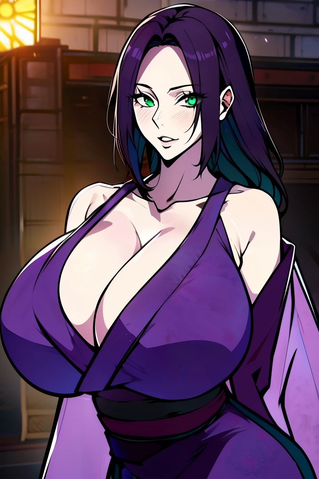 An anime-style artwork depicting Reze from the anime chainsaw man.

Tags: Reze, anime, detailed eyes, detailed lips, (short kimono:1.1),  smiling expression, intense gaze, dynamic pose, indoor, palace, vibrant colors, digital art, high-resolution, professional quality, gigantic breasts, cleavage,  curvy, cowboy shot, (gigantic breasts: 1.4), (green eyes:1.1), (purplish blue hair)