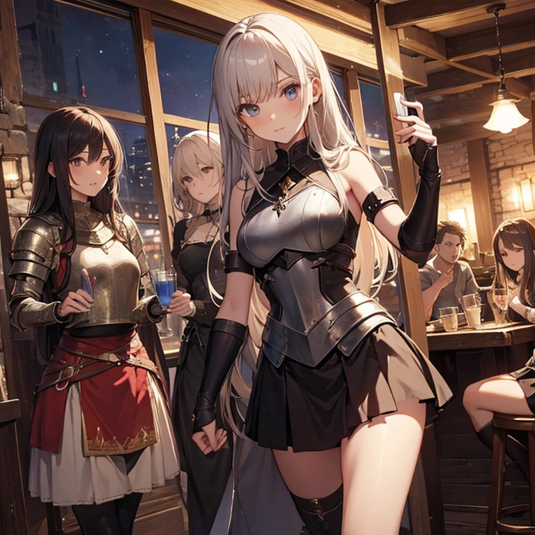 A group of female medieval fantasy adventurers, (in tavern), various hair styles, harem, night, details face, short skirt, seducing, sleeveless, armor