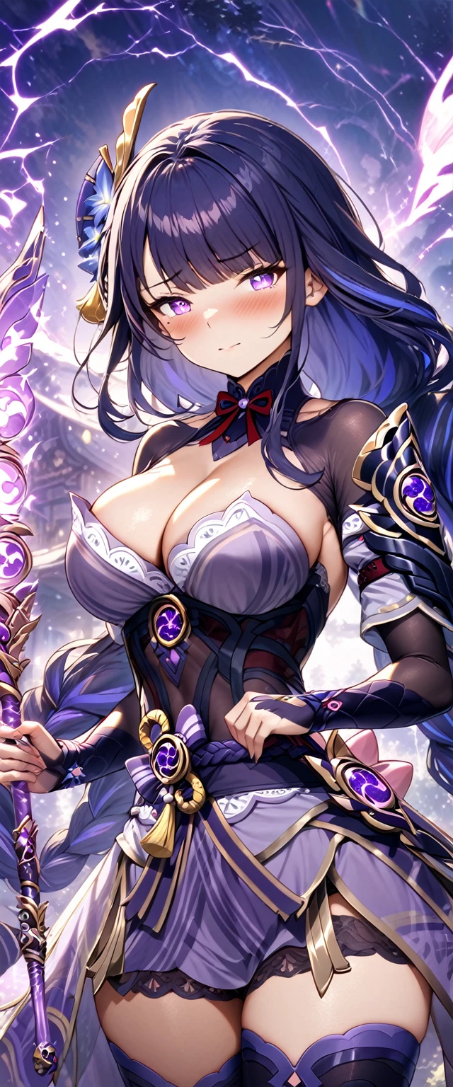 (masterpiece), best quality, expressive eyes, perfect face,1girl,raiden shogun,genshin impact,japanese garden,lightning in the air,(purple magic wand),holding,holding wand,shy smile,blush,cowboy shot,glowing eyes,big breasts,cleavage,bare shoulder,(magical girl:1.6),(strapless dress),(showgirl skirt),thighhigh stockings,studio lighting,(sparkle:0.9),(glitter:0.9),alternative costume