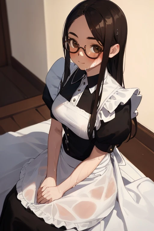 (masterpiece, high quality, high quality, High resolution, Super detailed, Detailed Background,)One girl,Black Hair,Iris,Long Hair, From above,(Glasses),(pale skin:0.8), actress , beautiful, ((((cute face:1,5)))),(bangss), side locks, brown eyes,wet bodya bed,sitting,looking at viewer,maid