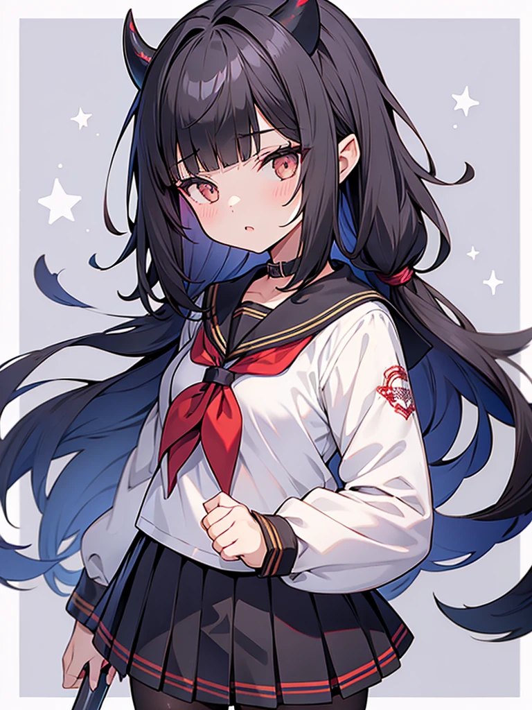 1girl, Black Hair, Blunt Bangs, medium hair, Cat Eyes, Blade-like horns, cowboy shot, Iris, High school girls, Sailor suit,