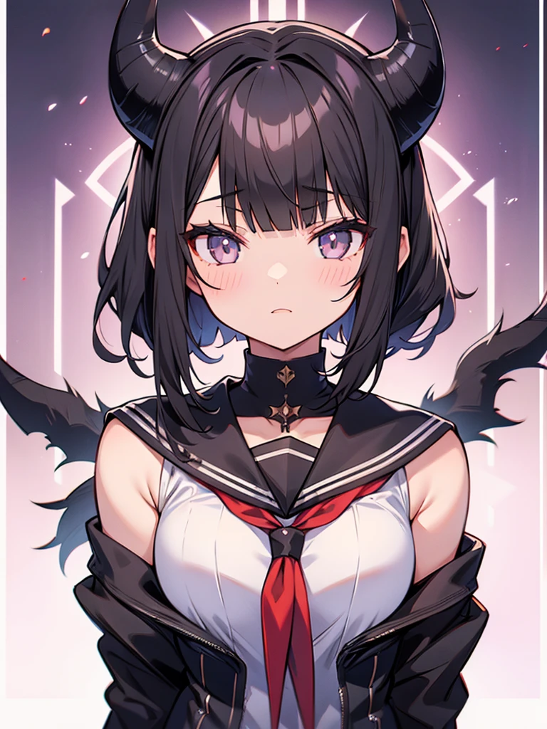 1girl, Black Hair, Blunt Bangs, medium hair, Cat Eyes, Blade-like horns, cowboy shot, Iris, High school girls, Sailor suit,