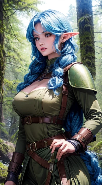 Beautiful female orc, blue colored eyes, with big thighs, nice hips, nice waist, breasts big, hair fluttering, wearing animal skin clothes, cortina pelvial, animal fur cape, armor and adorned with animal bones, in a snow covered forest 8K Ultra realistic