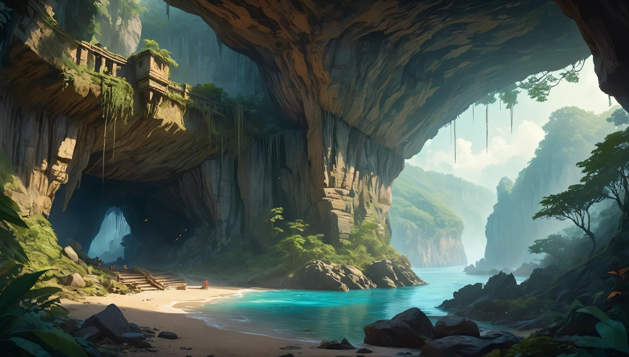 (by Greg Rutkowski: 1.2), (masterpiece), (best quality) neutral campsite under the cliff with trees close shot, deep jungle area, neutral camp, cliff, close render, extremely delicate and beautiful, illustration, vibrant colors, (fantasy landscape), A mesmerizing fantasy with enchanting elements blending seamlessly. (an entrance to a monster liar, rocky cave, haunting atmosphere, mysterious, dark hue, bones scattered)