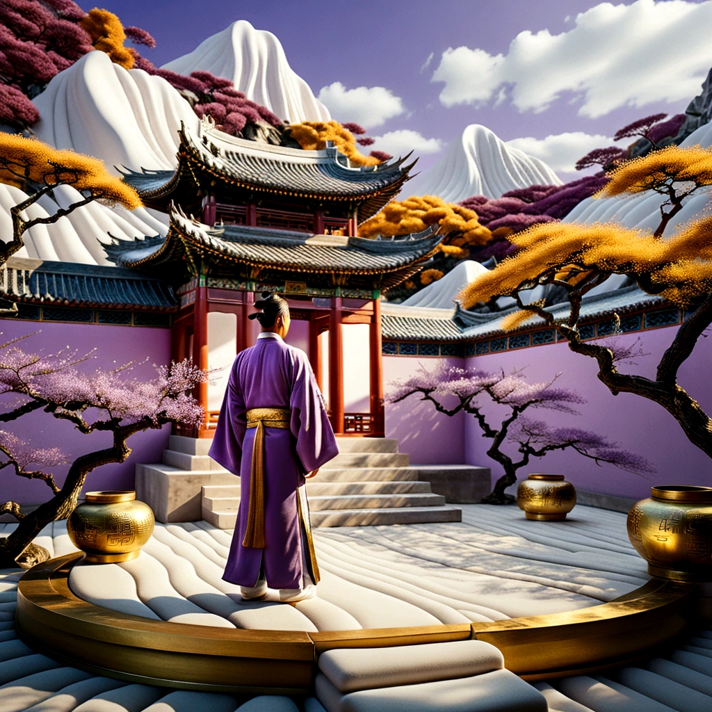 Gilding, a man in hanfu is standing near a white manmade structure perspective, oriental zen, in the style of fluid landscapes, song dynasty fine brushwork landscape painting, rendered in cinema4d, organic flowing forms, northern china’s terrain, light purple and white, mediterranean landscapes, ultra-wide angle, wavy resin sheets