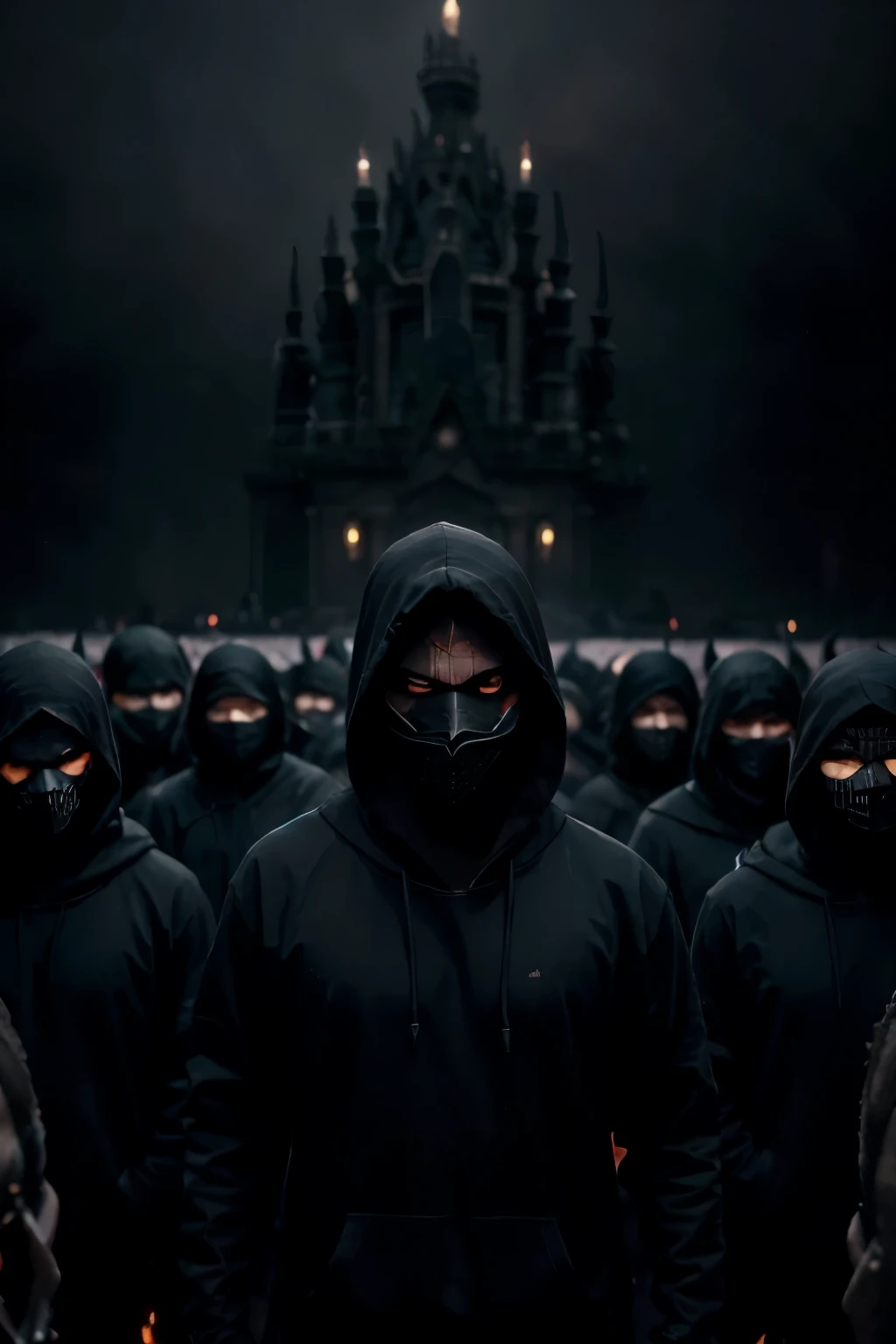 my fight against the demons from my past Surrounded by many demons from my past with the darkness and heavy fog and hellfire in the background How the many dementors try to steal my soul It is important that I am in the foreground and the demons follow me and try to surround me I am in a hacker outfit with a black hoodie and a mask that looks like a skull