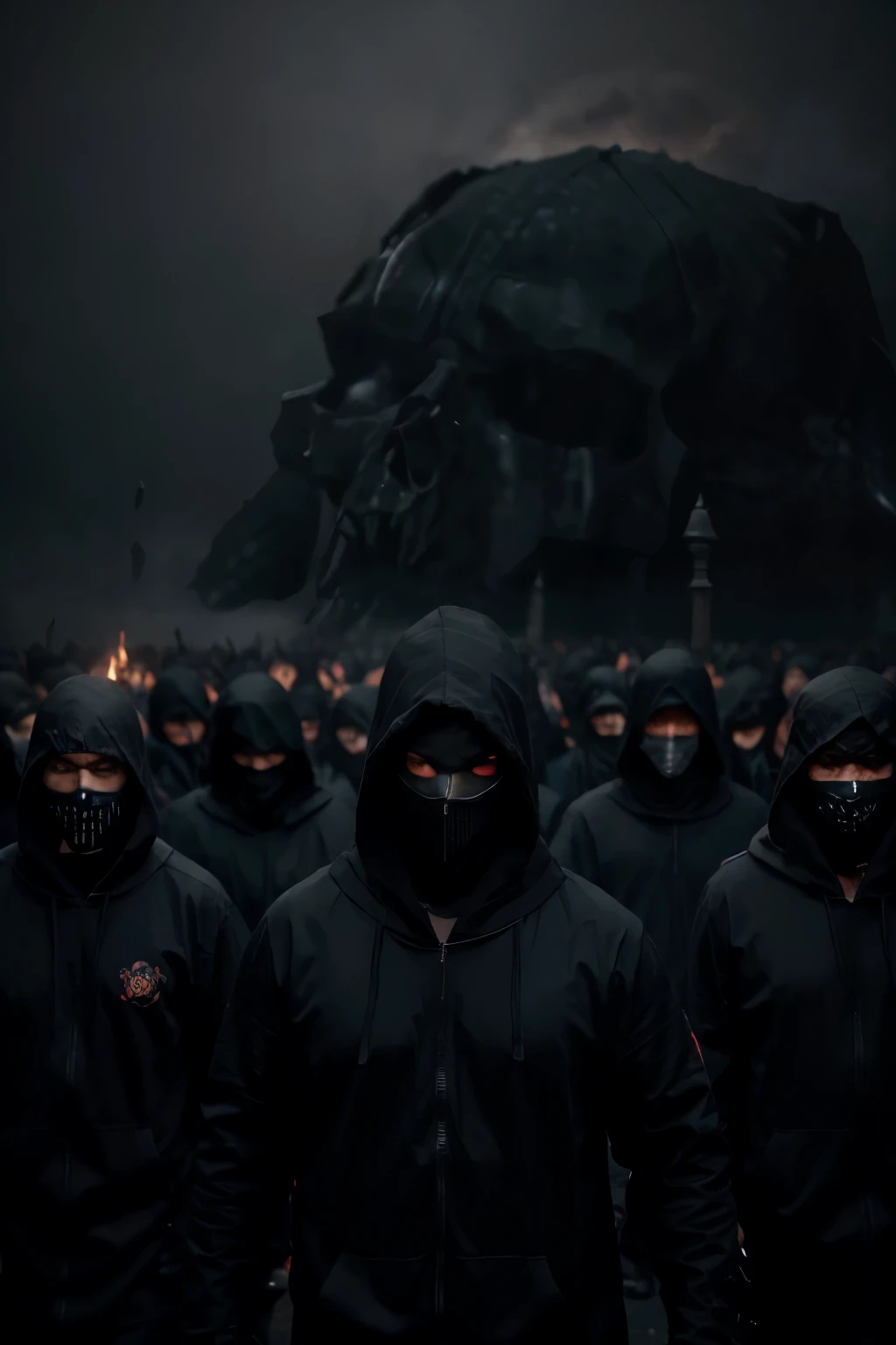 my fight against the demons from my past Surrounded by many demons from my past with the darkness and heavy fog and hellfire in the background How the many dementors try to steal my soul It is important that I am in the foreground and the demons follow me and try to surround me I am in a hacker outfit with a black hoodie and a mask that looks like a skull
