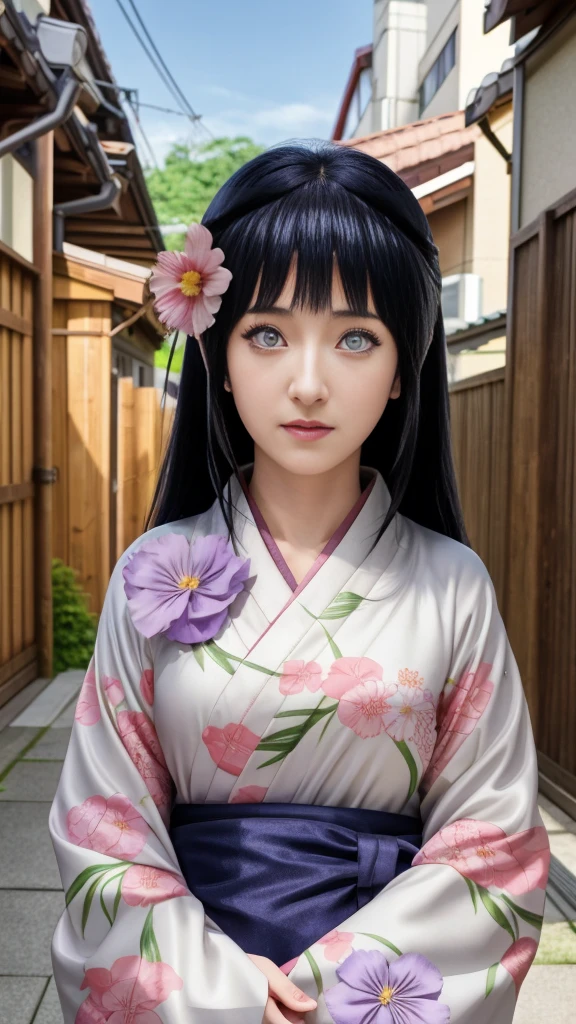 anime girl with white eyes in kimono outfit standing in alley with flowers in hair, hinata hyuga, hanayamata, shikamimi, anime visual of a young woman, anime visual of a cute girl, hinata hyuga from naruto, kotegawa yui, anime portrait of shiina ringo, anime waifu, hana yata, misato katsuragi