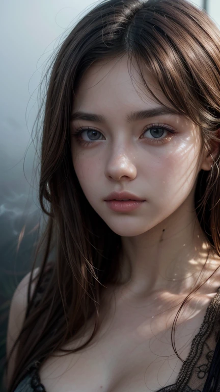 a beautiful woman with brown eyes and brown hair, ultra-detailed face, angelic, surrealistic style, hyperrealistic, stunning portrait, dramatic lighting, volumetric fog, glowing ethereal, intricate details, lush and vibrant colors, photorealistic, masterpiece, best quality, 8k, high resolution