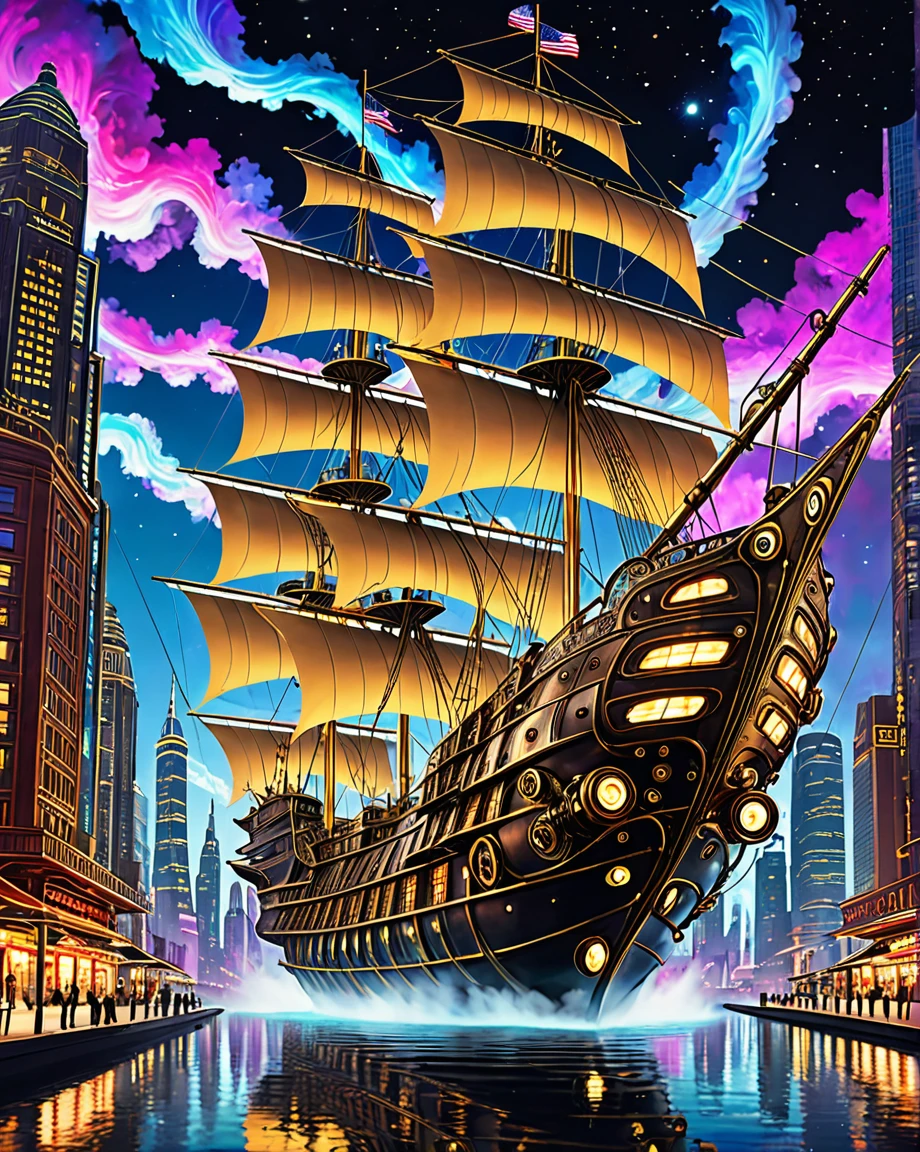 a majestic steampunk flying galleon, brass propellers, gracefully navigating cyberpunk galaxy, neon-lit skyscrapers, holographic advertisements, swirling digital clouds, elaborate clockwork gears, billowing sails, shimmering metallic fabric, gleaming tesla coils, countless artificial stars, reflections off polished metal hull, watercolor masterpiece