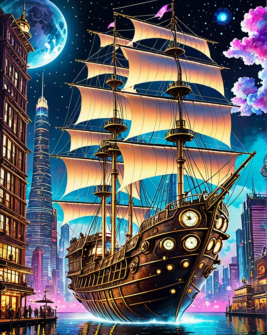 a majestic steampunk flying galleon, brass propellers, gracefully navigating cyberpunk galaxy, neon-lit skyscrapers, holographic advertisements, swirling digital clouds, elaborate clockwork gears, billowing sails, shimmering metallic fabric, gleaming tesla coils, countless artificial stars, reflections off polished metal hull, watercolor masterpiece