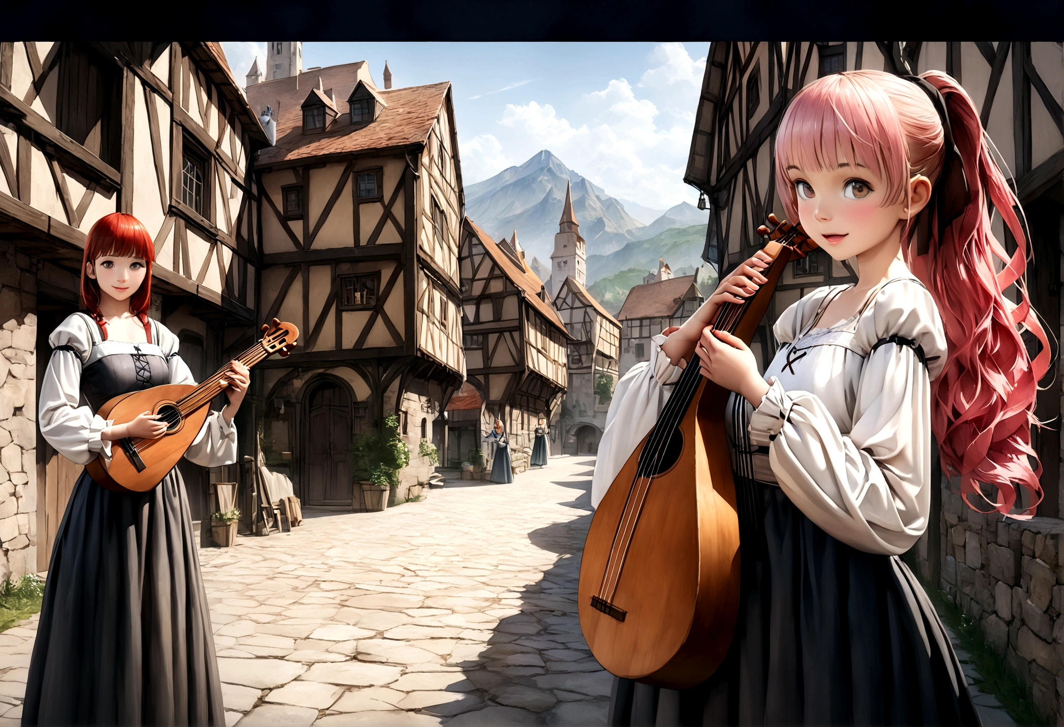 (((Top quality, 4k, 8k, high resolution, masterpiece: 1.2))), (super detailed), (realistic), (photorealistic), (photorealistic: 1.37), (HDR, UHD), (studio (lighting)), ultra-fine drawing, sharp focus, physically based rendering, highly detailed, professional, vibrant colors, perfect ditaile hand, highly detailed realistic eyes, girl, one girl, multiple girls, A lot of girls,  smile, open mouth, close mouth, short hair, medium hair, medium length, long hair, ponytail, red hair, blue hair, blonde hair, green hair, pink hair, medieval European clothing, Citizen's Clothing from Medieval Europe, miniskirt, mid-length skirt, long skirt, chinos pants, (((playing the lute))), Medieval European town, Countryside, Medieval European rural village, Rural grassland, Mountain view, Rural river, Irrigation canal, anime, cartoon, kawaii, qute, (((Long shot, Panorama, Distant view, Vast landscape))), knees, feet,  looking at viewer, 