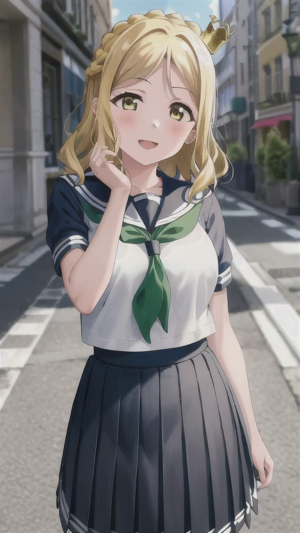 masterpiece, best quality, (1girl:1.2), solo, medium breasts, ohara mari, hair rings, blonde hair, yellow eyes, crown braid, medium hair, uranohoshi , , short sleeves, pleated skirt, white serafuku, neckerchief, grey skirt, grey sailor collar, tie clip, green neckerchief, street, city, happy  