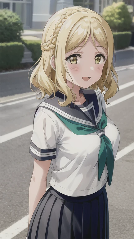 masterpiece, best quality, (1girl:1.2), solo, medium breasts, ohara mari, hair rings, blonde hair, yellow eyes, crown braid, medium hair, uranohoshi , , short sleeves, pleated skirt, white serafuku, neckerchief, grey skirt, grey sailor collar, tie clip, green neckerchief, street, city, happy  