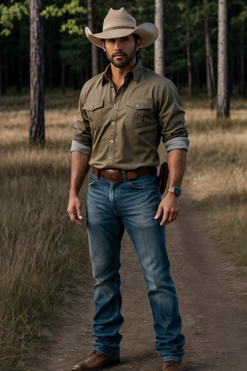 man,hero,32 years old,Wear a hunting shirt,Wearing a cowboy hat.,full body view, Special handsome face, short beard, black hair ((tan skin)), ((pearl skin)), (((full body))), Olsen01, perfect male face, complicated, 8k, Highly detailed, (Very detailed CG unity 8k wallpaper.), square jaw, (anatomy details),(((full body))