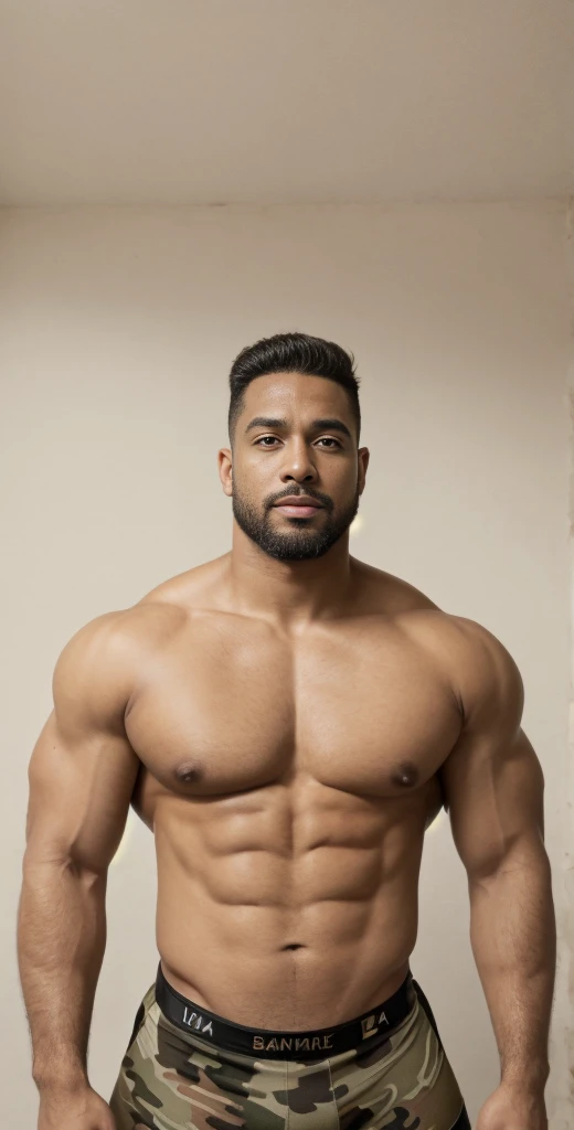 1boy, European, solo, facial hair,34 yrs old, dom, male focus, bara, muscular, mature male, muscular male, beard, short hair, thick eyebrows, brown-skinned male, thighs, fancy suit, dark skin, tie, tight camo t-shirt, tight pants, open jacket, cybernetic bodysuit, soldier suit, cowboy shot, soldier uniform, feet out of frame, thick thighs, looking at viewer, masterpiece, 4k, high quality, highres, absurdres,