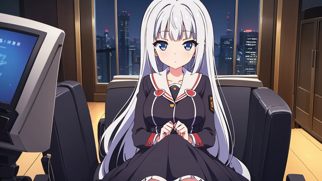 1 beautiful girl, great image quality with lots of detail, ray tracing, in a navy sailor , long stockings, blue eyes, white hair, , in a neon room, PC gaming, perfect anatomy,