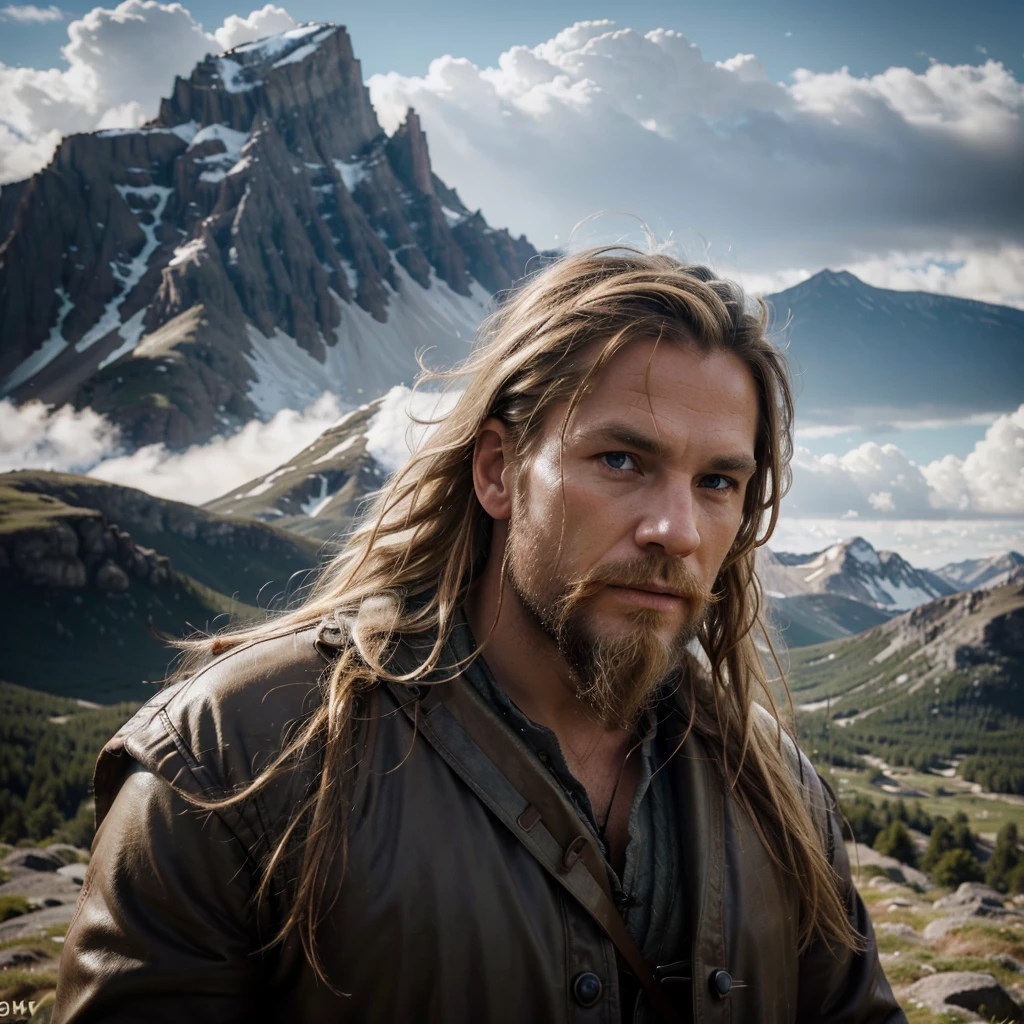 a rugged viking man with golden blonde hair blowing a horn on top of a mountain, wind blowing through his hair, dramatic lighting, highly detailed, cinematic, volumetric lighting, photorealistic, epic landscape, rocky mountains, dramatic cloudy sky, mystical, (best quality,4k,8k,highres,masterpiece:1.2),ultra-detailed,(realistic,photorealistic,photo-realistic:1.37)