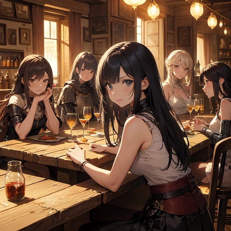 A group of female medieval fantasy adventurers, (in tavern), various hair styles, harem, night, details face, short skirt, seducing, sleeveless, armor