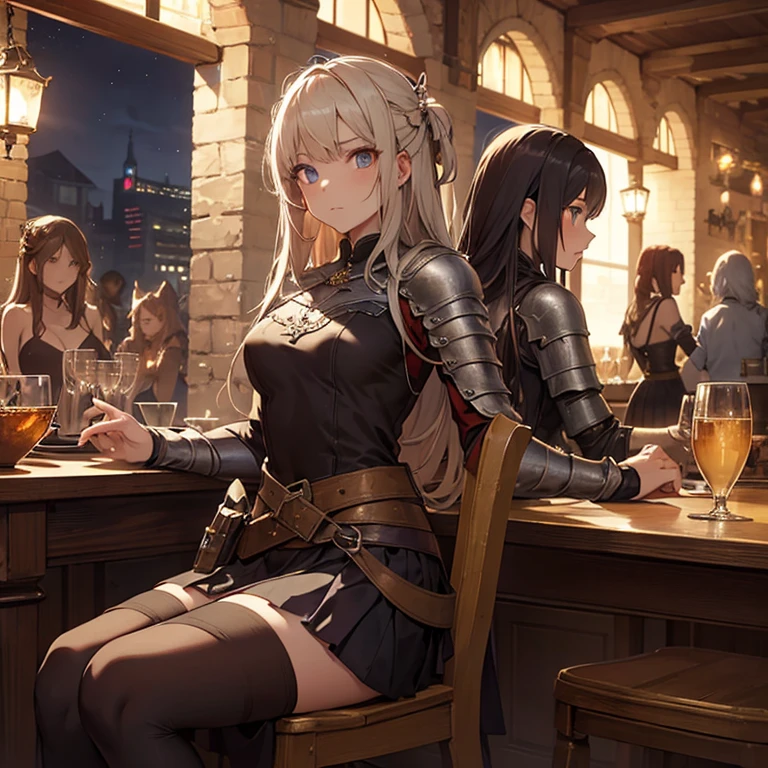 A group of female medieval fantasy adventurers, (in tavern), various hair styles, harem, night, details face, seducing, sleeveless, armor