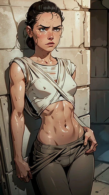 Daisy Ridley face, masterpiece 1.3, Ultrarealistic face, slim athletic physique, small flat breasts, round ass, cameltoe, sweaty body glistening skin, dirt covered around her body, shameful expression tears in her eyes, peed in her pants; "In a quiet corner of the Millennium Falcon, Rey huddles with her back against the wall, her eyes staring blankly ahead. The despair of her latest defeat is evident in her hollow expression."