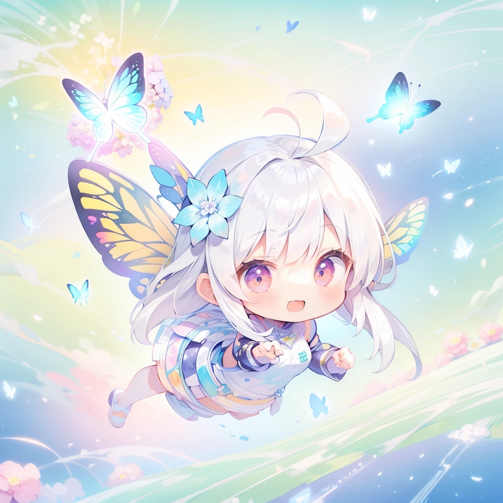Highest quality,masterpiece,watercolor, Pastel colors, pale color, Lighten the lines, hydrangea,girl, 独奏, smile, silverlong hair, ((Butterfly wings)), (Floating in mid-air), flying though the air, Under no gravity, Full body, (((Deformed))), (((Chibi Character))), (((Aerial view of flowers)))