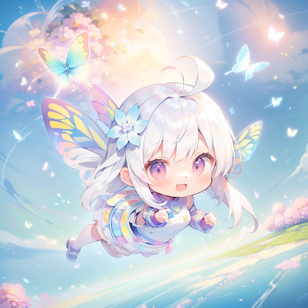 Highest quality,masterpiece,watercolor, Pastel colors, pale color, Lighten the lines, hydrangea,girl, 独奏, smile, silverlong hair, ((Butterfly wings)), (Floating in mid-air), flying though the air, Under no gravity, Full body, (((Deformed))), (((Chibi Character))), (((Aerial view of flowers)))