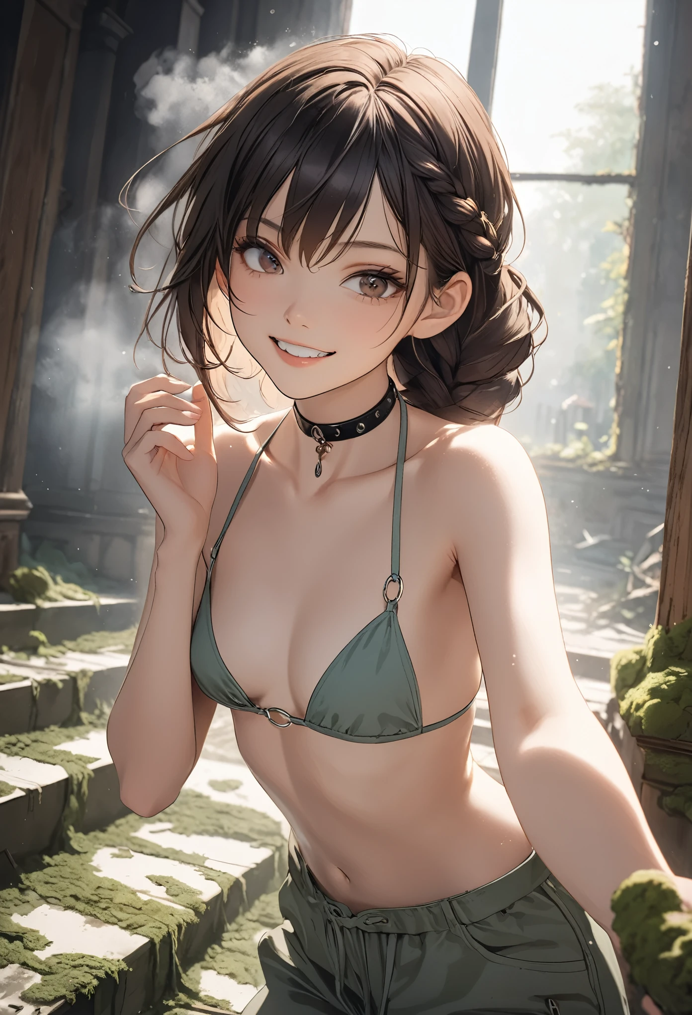 ((Masterpiece)), ((best quality)), (Anime:1.5), (RAW photo:1.2),(High Definition:1.3), (Professional Photography:1.2), (sharp focus), (perfect light),1girl, (grin), (Glossy lips), upper body, looking at viewer, (loose bikini top), O-ring, braid, ((loose pants pull up with hand)), choker, pale brown hair, small breast, cute hips, (mist effect:1.3), (on the steps),((in the Mossy abandoned church)), (super detail:1.2),