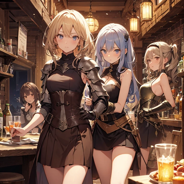 A group of female medieval fantasy adventurers, (in tavern), various hair styles, harem, night, details face, short skirt, seducing, sleeveless, armor