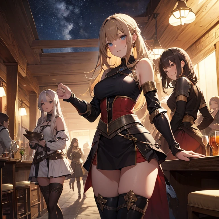 A group of female medieval fantasy adventurers, (in tavern), various hair styles, harem, night, details face, short skirt, seducing, sleeveless, armor