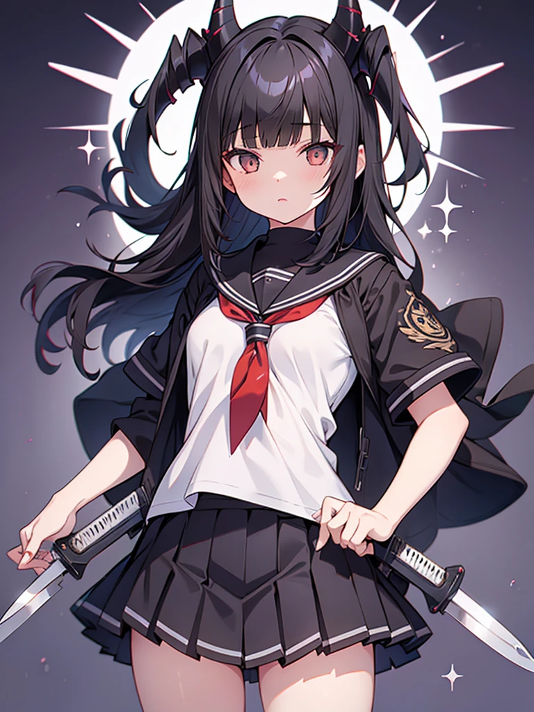 1girl, Black Hair, Blunt Bangs, medium hair, straight hair, Cat Eyes, knives-like horns, cowboy shot, Iris, High school girls, Sailor suit, 