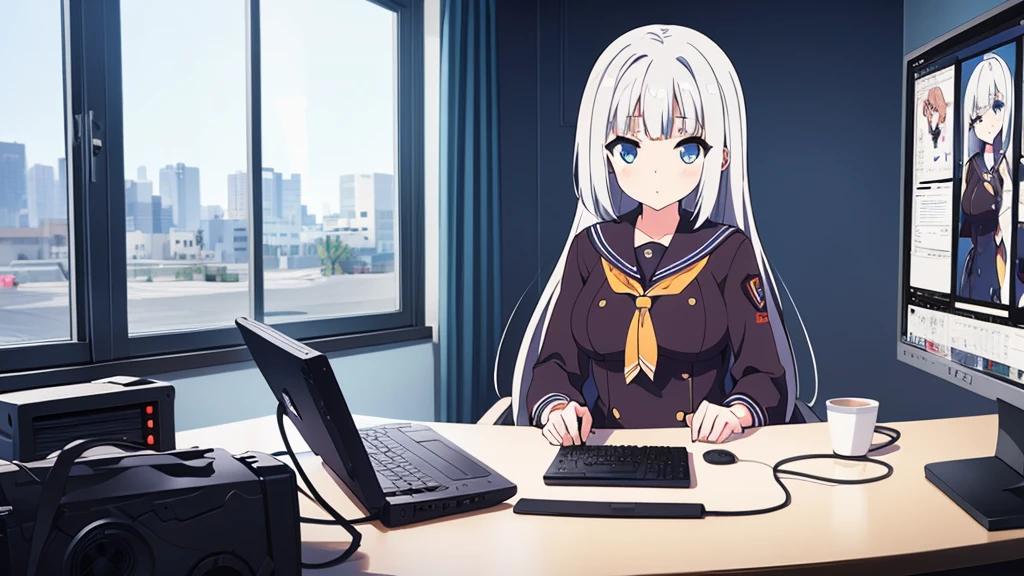 1 beautiful girl, great image quality with lots of detail, ray tracing, in a navy sailor , long stockings, blue eyes, white hair, , in a neon room, PC gaming, perfect anatomy,