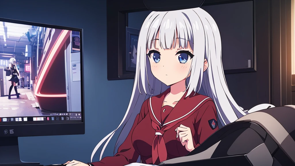 1 beautiful girl, great image quality with lots of detail, ray tracing, in a navy sailor , long stockings, blue eyes, white hair, , in a neon room, PC gaming, perfect anatomy, 