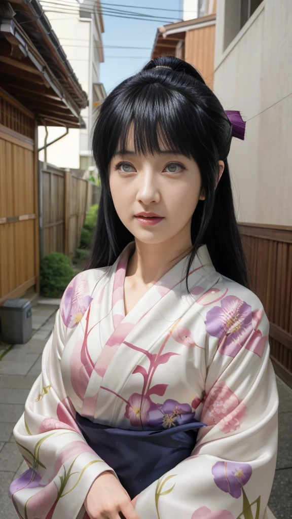 anime girl with white eyes in kimono outfit standing in alley with flowers in hair, hinata hyuga, hanayamata, shikamimi, anime visual of a young woman, anime visual of a cute girl, hinata hyuga from naruto, kotegawa yui, anime portrait of shiina ringo, anime waifu, hana yata, misato katsuragi