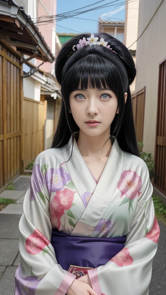anime girl with white eyes in kimono outfit standing in alley with flowers in hair, hinata hyuga, hanayamata, shikamimi, anime visual of a young woman, anime visual of a cute girl, hinata hyuga from naruto, kotegawa yui, anime portrait of shiina ringo, anime waifu, hana yata, misato katsuragi