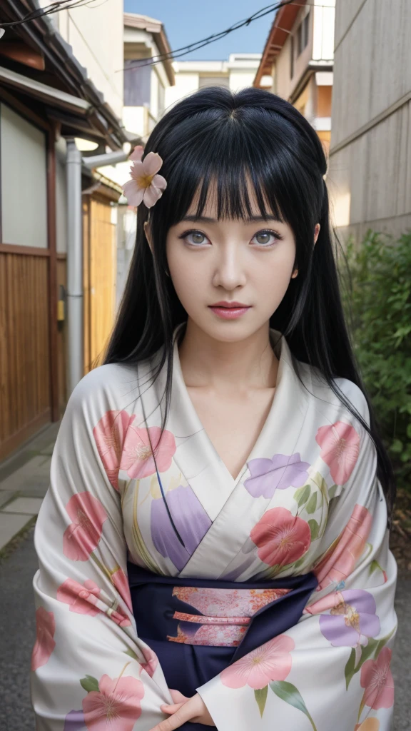 anime girl with white eyes in kimono outfit standing in alley with flowers in hair, hinata hyuga, hanayamata, shikamimi, anime visual of a young woman, anime visual of a cute girl, hinata hyuga from naruto, kotegawa yui, anime portrait of shiina ringo, anime waifu, hana yata, misato katsuragi