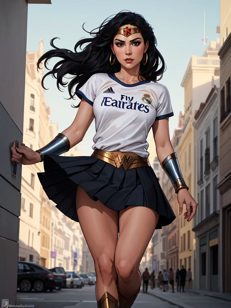 wonder woman, ((wearing a white Real Madrid tshirt)), (pretty face:1.2), (finely detailed face and beautiful eyes), mature female, muscle, bare hands, (armlet, skirt, bracer, head ring ), (black eyes, black long hair, messy hair, floating hair), ((white Real Madrid tshirt)), (long proportional legs), (best quality:1.1),(city background:1.2), dark_fantasy, wind, 35mm lens, f/1.4, 8K, ((masterpiece)), trending on Artstation, DeviantArt, Mucha, Rutkowski, artgerm