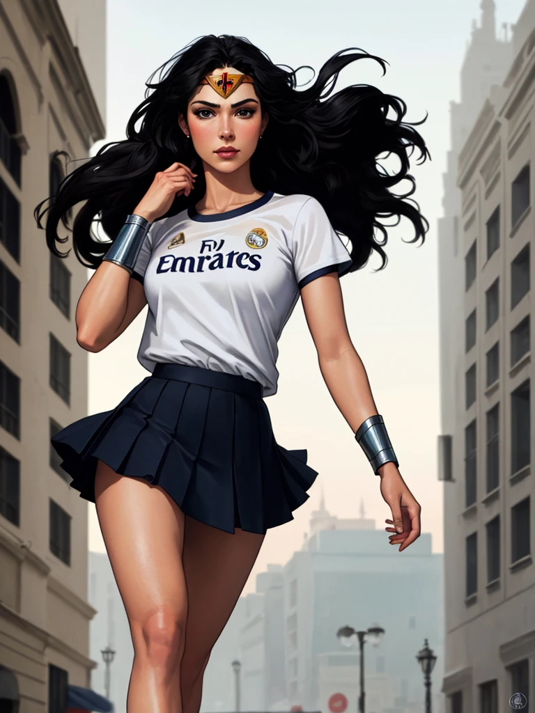 wonder woman, ((wearing a white Real Madrid tshirt)), (pretty face:1.2), (finely detailed face and beautiful eyes), mature female, muscle, bare hands, (armlet, skirt, bracer, head ring ), (black eyes, black long hair, messy hair, floating hair), ((white Real Madrid tshirt)), (long proportional legs), (best quality:1.1),(city background:1.2), dark_fantasy, wind, 35mm lens, f/1.4, 8K, ((masterpiece)), trending on Artstation, DeviantArt, Mucha, Rutkowski, artgerm