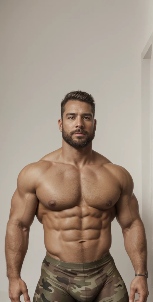 1boy, European, solo, facial hair,34 yrs old, dom, male focus, bara, muscular, mature male, muscular male, beard, short hair, thick eyebrows, brown-skinned male, thighs, fancy suit, dark skin, tie, tight camo t-shirt, tight pants, open jacket, cybernetic bodysuit, soldier suit, cowboy shot, soldier uniform, feet out of frame, thick thighs, looking at viewer, masterpiece, 4k, high quality, highres, absurdres,