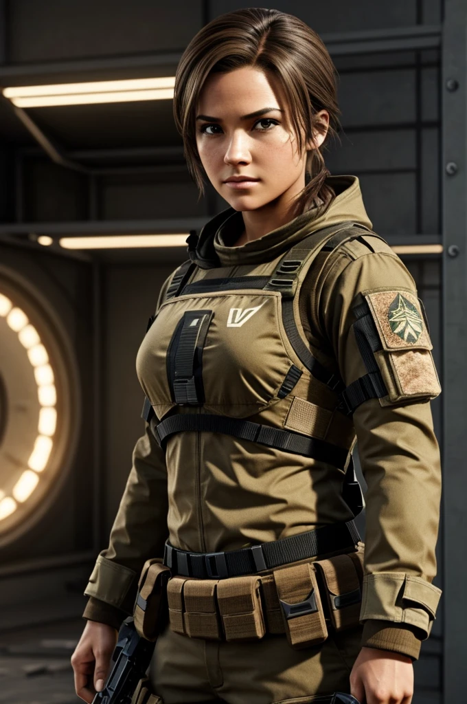 female character from the modern warfare video game of the task force team, Medium build body, light brown eyes, medium and light brown hair.