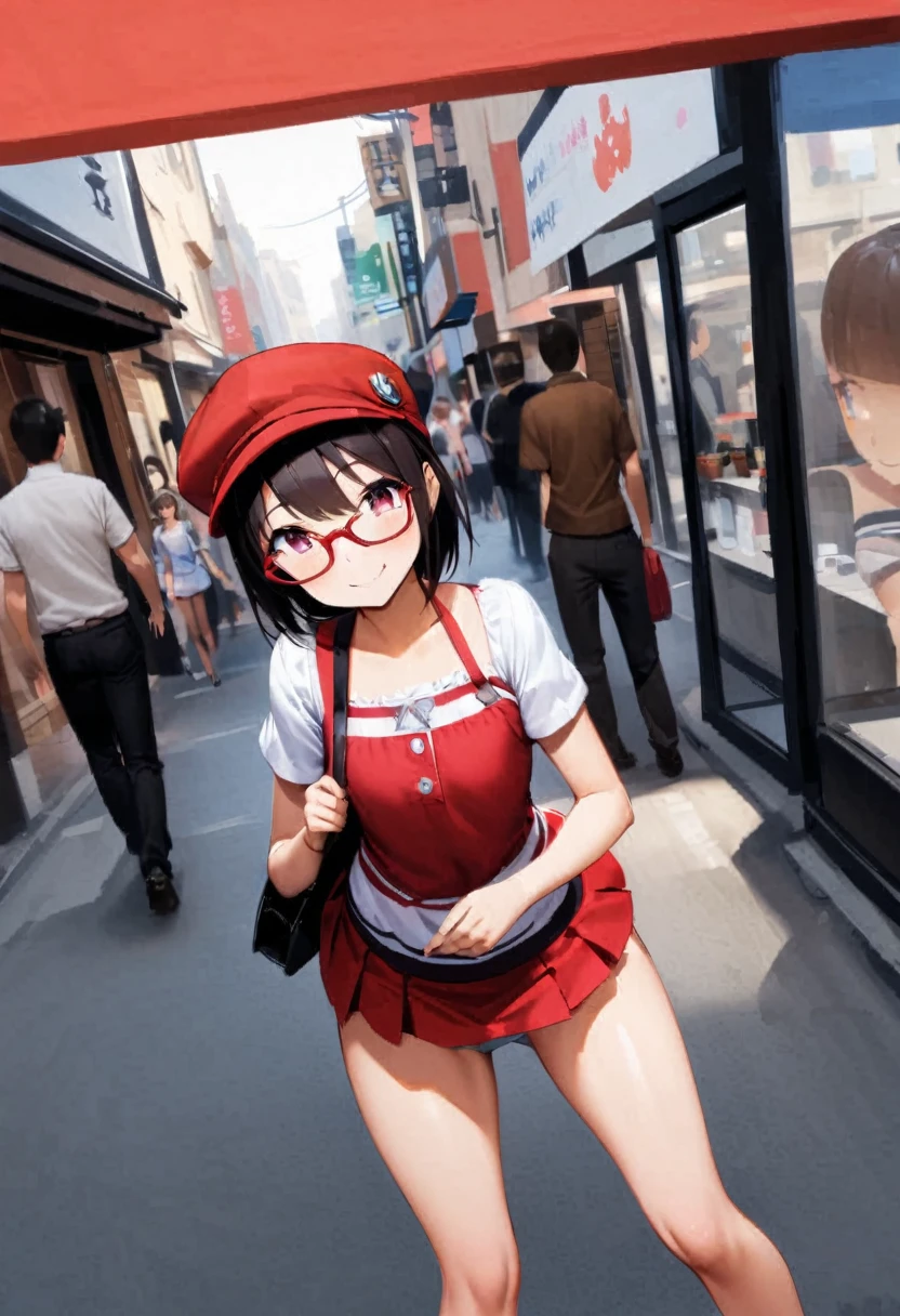 spread leg legs、sit、Looking away、Chat with friends、In town、bustling street、Glasses、cap、Panties、Shoulder bag、mini skirt、Private Server、Girl、Girl、Short、Younger、Baby Face、flat chest、Dynamic Angle、Useless、smile、Both eyes open、Voyeur style