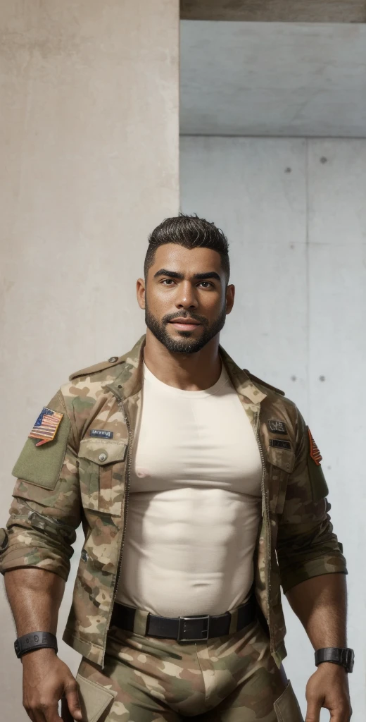 1boy, European, solo, facial hair,34 yrs old, dom, male focus, bara, muscular, mature male, muscular male, beard, short hair, thick eyebrows, brown-skinned male, thighs, fancy suit, dark skin, tie, tight camo t-shirt, tight pants, open jacket, cybernetic bodysuit, soldier suit, cowboy shot, soldier uniform, feet out of frame, thick thighs, looking at viewer, masterpiece, 4k, high quality, highres, absurdres,