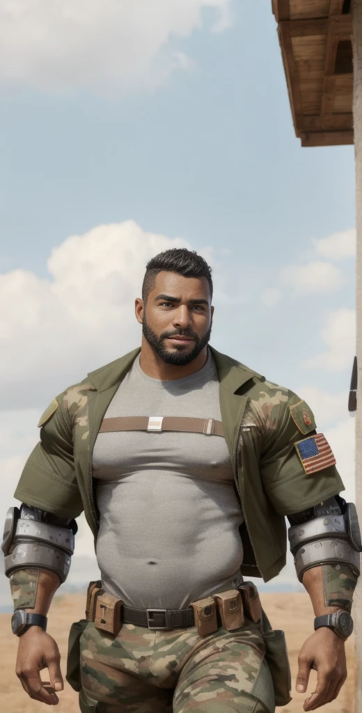 1boy, European, solo, facial hair,34 yrs old, dom, male focus, bara, muscular, mature male, muscular male, beard, short hair, thick eyebrows, brown-skinned male, thighs, fancy suit, dark skin, tie, tight camo t-shirt, tight pants, open jacket, cybernetic bodysuit, soldier suit, cowboy shot, soldier uniform, feet out of frame, thick thighs, looking at viewer, masterpiece, 4k, high quality, highres, absurdres,