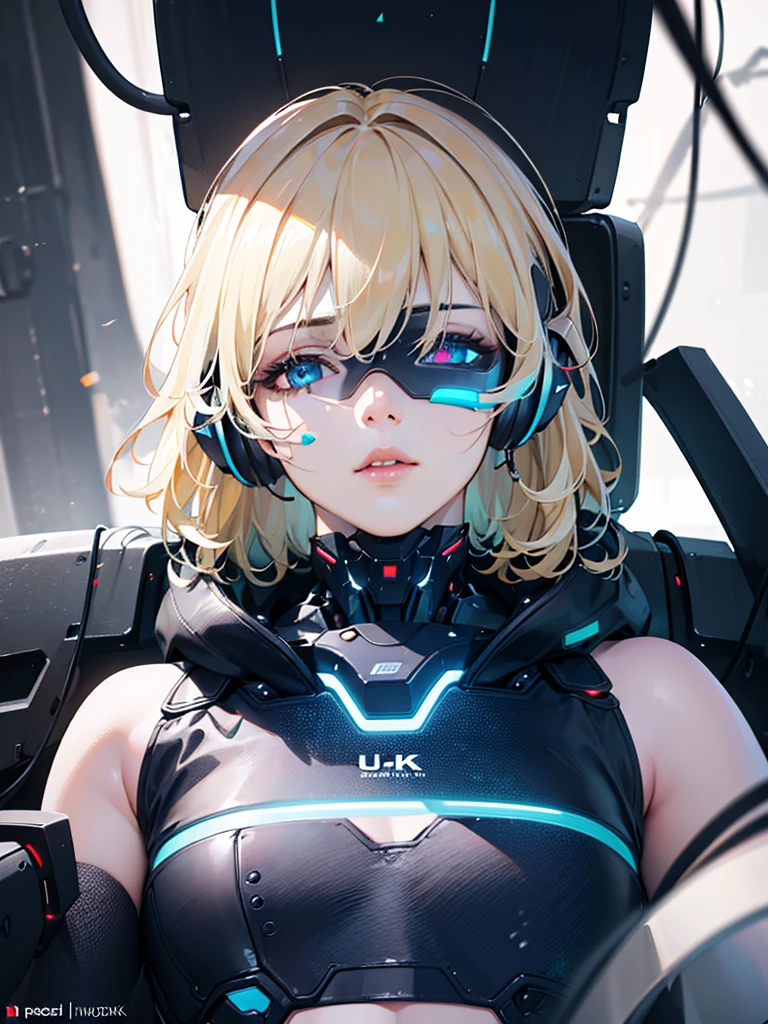 1 boy, blonde short messy hair, blue eyes, beautiful detailed eyes, beautiful detailed lips, extremely detailed eyes and face, cyborg, futuristic headset, cyborg crop top armor, mind control device on head, futuristic visor, lying on futuristic table, futuristic lab, futuristic technology, mind control device connected, looking at viewer, whole body, (best quality,4k,8k,highres,masterpiece:1.2),ultra-detailed,(realistic,photorealistic,photo-realistic:1.37),HDR,UHD,studio lighting,ultra-fine painting,sharp focus,physically-based rendering,extreme detail description,professional,vivid colors,bokeh,sci-fi,concept art